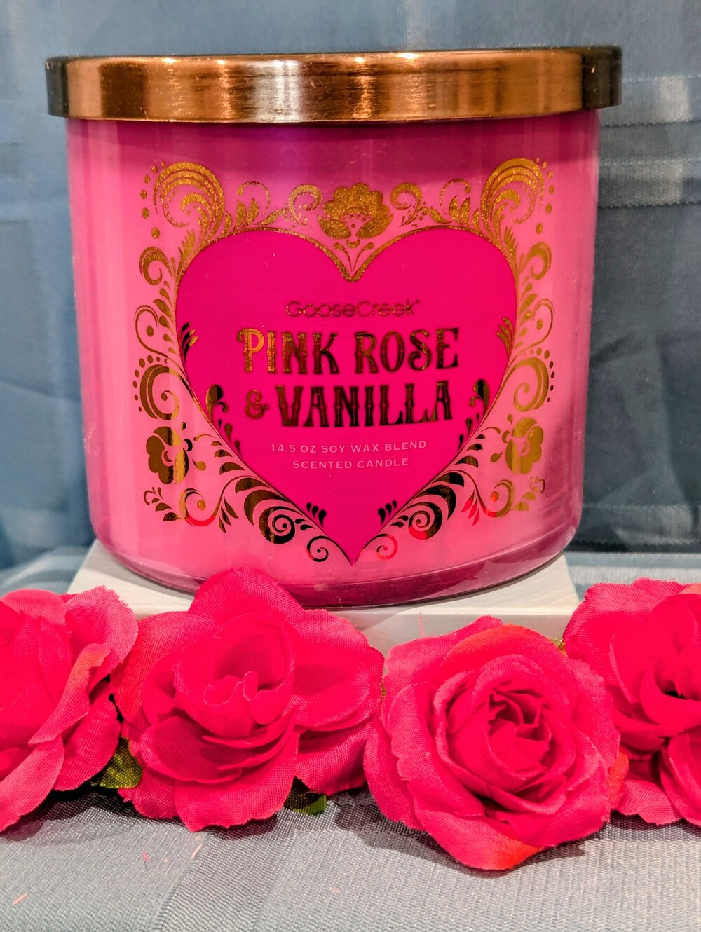 🆕 GOOSE CREEK Pink Rose & Vanilla 3 Wick Scented Candle/Decorative Jar